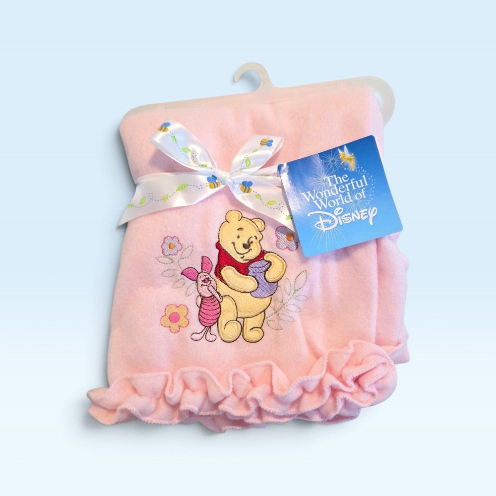 Disney 30x40 Fleece Baby Blanket Pink Winnie The Pooh Ruffle Trim